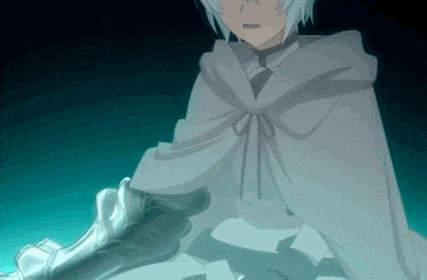 a person in a white cape is holding a sword in a dark room .
