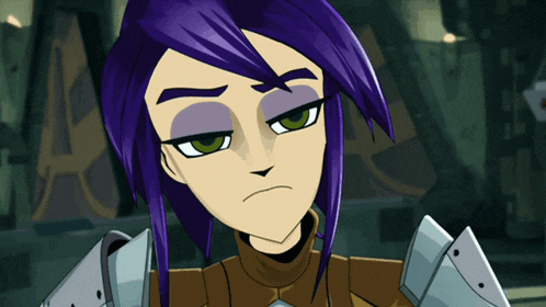 a cartoon character with purple hair and green eyes has a serious look on her face