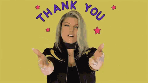 a woman is giving a thank you gesture with her arms outstretched on a yellow background .