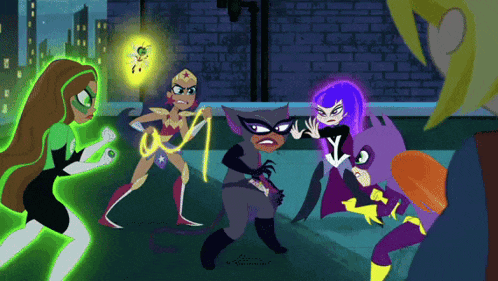 a group of superhero girls are fighting each other in a cartoon scene .