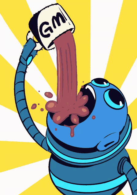 a cartoon drawing of a robot pouring gm into its mouth