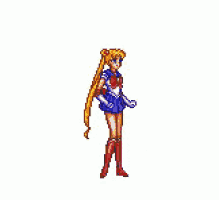 a pixel art of a girl in a sailor moon costume surrounded by horseshoes .