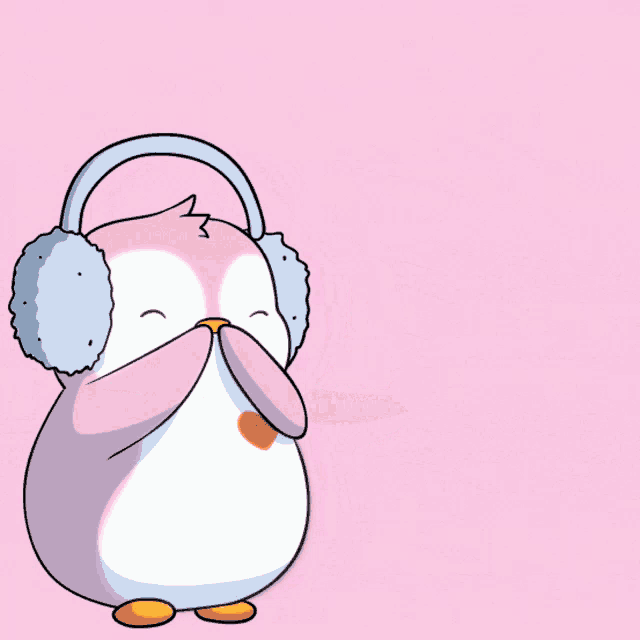 a penguin wearing ear muffs and headphones is blowing out hearts