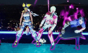 a group of people are dancing together in a video game