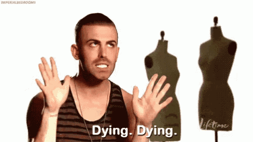 a man in a striped tank top says dying dying in front of mannequins .
