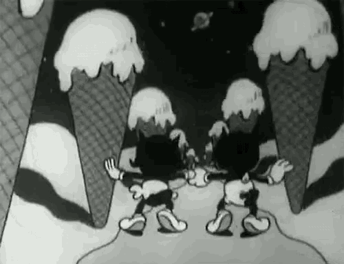 mickey mouse and minnie mouse are dancing in front of ice cream cones .