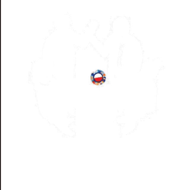 a colorful circle with a red and white circle in the center