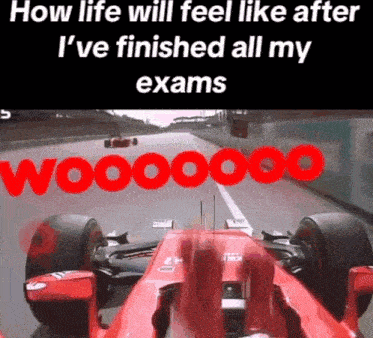 a picture of a race car with the words " how life will feel like after i 've finished all my exams " above it