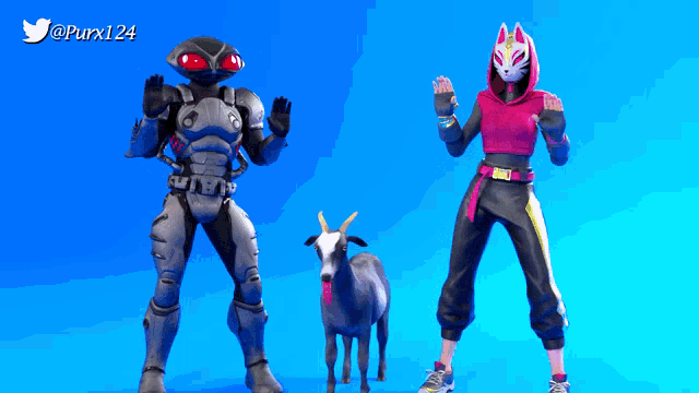 two video game characters standing next to a goat on a blue background with purxl24 written on the bottom