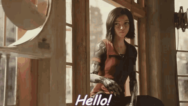 a woman in a red jacket says hello