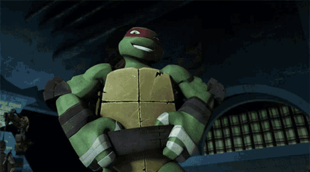 a teenage mutant ninja turtle is holding a sword