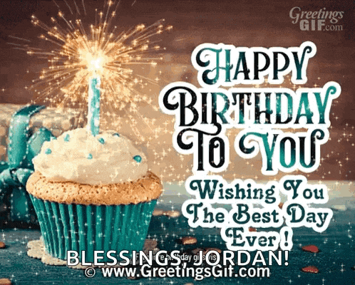 a happy birthday greeting card with a cupcake and fireworks