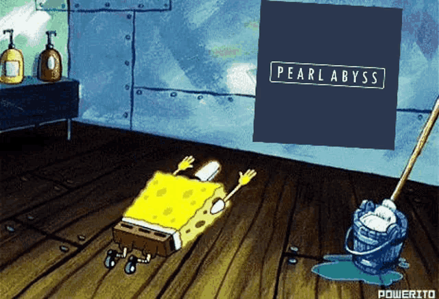 a cartoon of spongebob laying on the floor with a mop and a sign that says pearl abyss