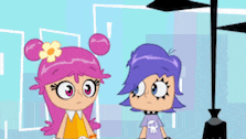 two cartoon characters one with pink hair and the other with purple hair are standing next to each other