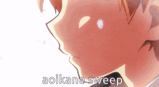 a close up of a person 's face with the words aoikane sweep written below it