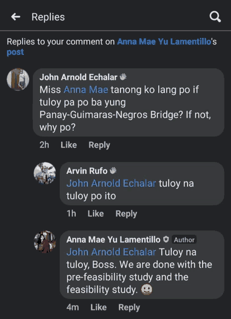 a screenshot of a facebook post with a reply from john arnold echalar