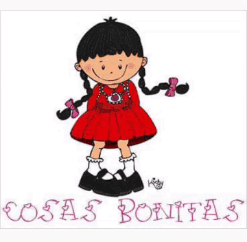 a cartoon girl in a red dress is standing in a circle with black polka dots .