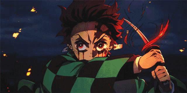 a cartoon character is holding a sword with a red flame coming out of it
