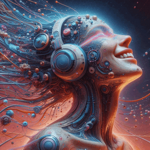 a colorful painting of a woman wearing headphones with the word beats on them