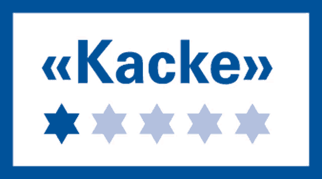 a blue and white sign that says kacke with four stars