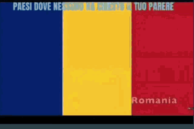 a blue yellow and red flag with romania written on the bottom right