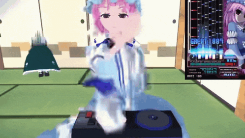 a cartoon girl is playing a video game that says great 1889
