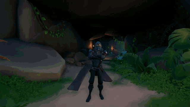 a video game character is standing in a cave with a sword