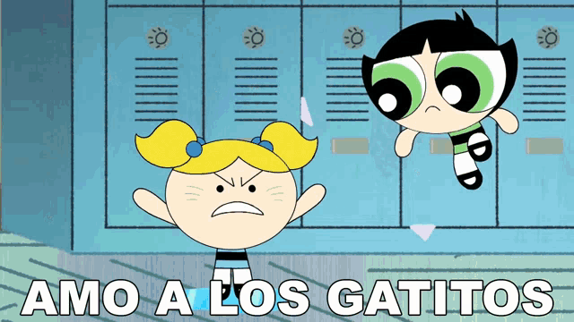 a cartoon of buttercup and bubbles with the words amo a los gatitos above them