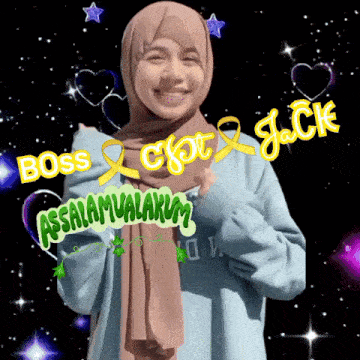 a woman wearing a hijab and a blue shirt with the words boss chat jack behind her