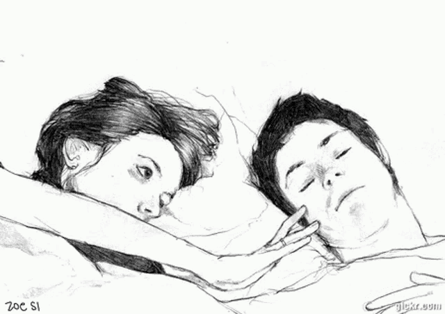 a black and white drawing of a man and a woman sleeping in bed