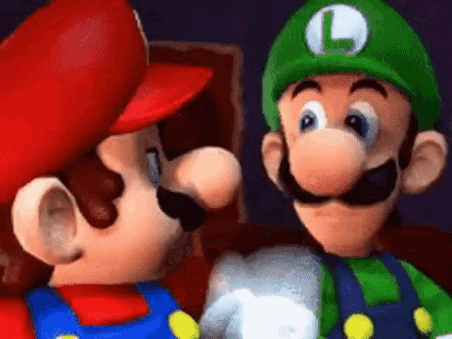 mario and luigi are standing next to each other and looking at each other in a video game .