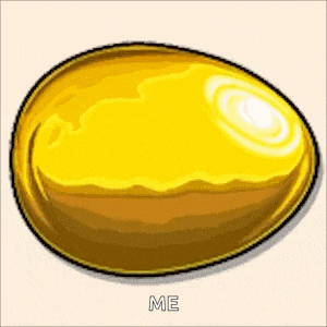 a cartoon drawing of a golden egg with the words `` me '' written below it .