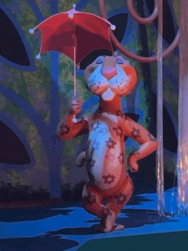 a cartoon tiger holding an umbrella in the rain