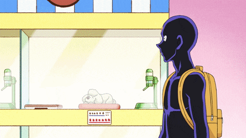 a man with a backpack is standing in front of a pet shop