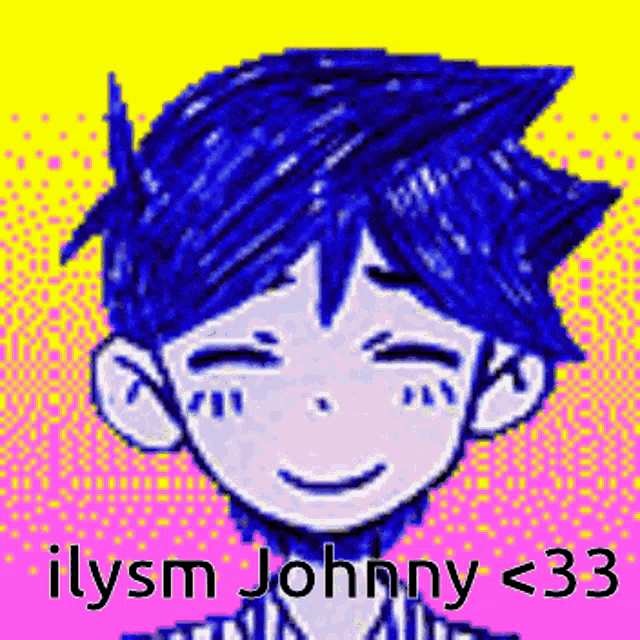 a pixel art drawing of a boy with blue hair smiling