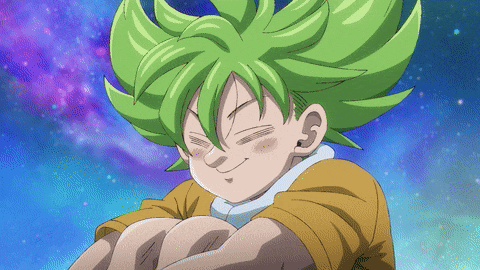 a cartoon character with green hair is smiling in front of a blue sky