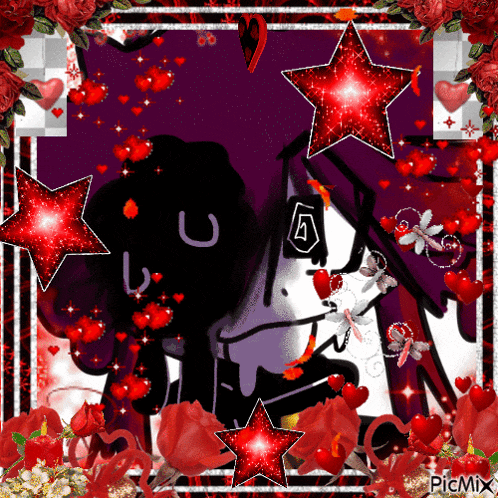 a picture of a person with a u on their face is surrounded by red stars and hearts