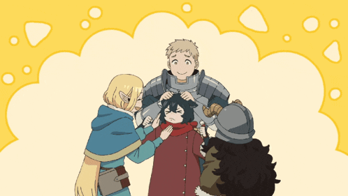 a group of people are standing around a man in a knight 's armor