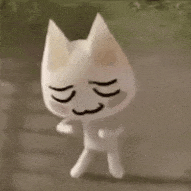 a white cat with a mustache and a smile on its face is walking down a road .