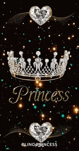 a crown with diamonds and a heart with the word princess on a black background .