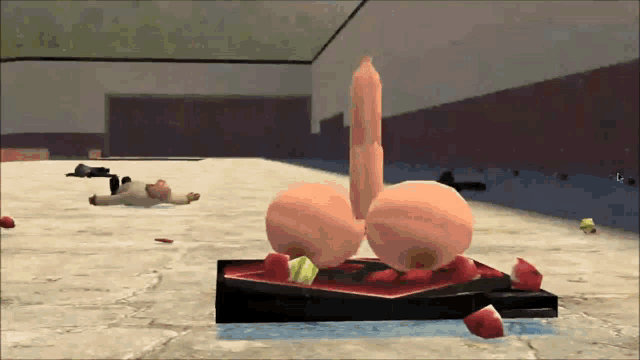a video game scene with a cartoon character laying on the ground with a condom in the background