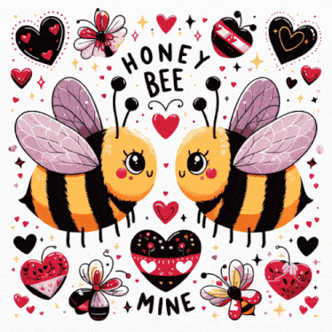 a couple of bees with the words honey bee mine surrounded by hearts and flowers