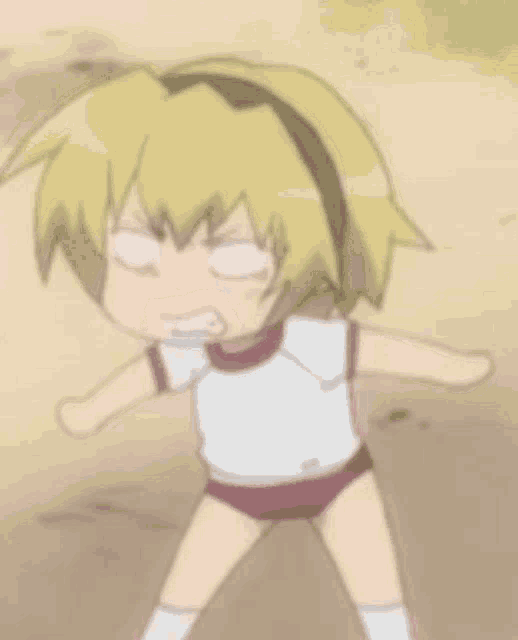 a cartoon girl with yellow hair is wearing a white shirt and red shorts and making a funny face .