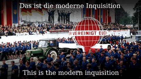 a large group of people are marching in front of a large globe that says " er vereinigt euc "