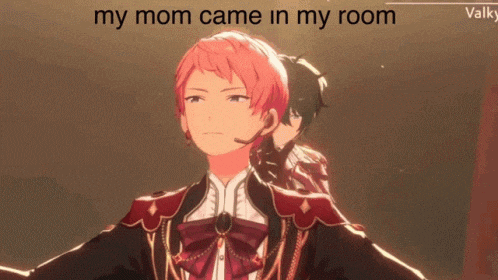 a man with pink hair is standing in a room with the words " my mom came in my room " above him