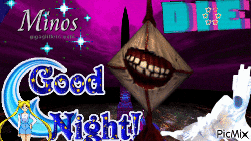 a mino's good night greeting card with a girl and a monster