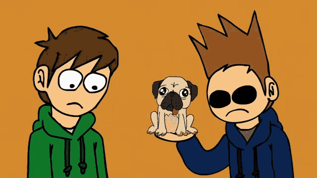 two cartoon characters standing next to each other one holding a pug