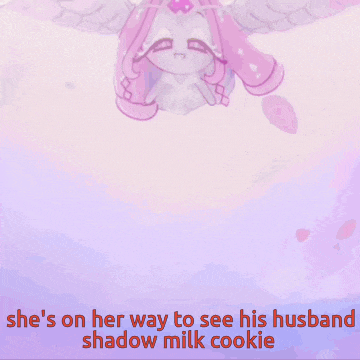 a cartoon of an angel with the words she 's on her way to see his husband shadow milk cookie on the bottom