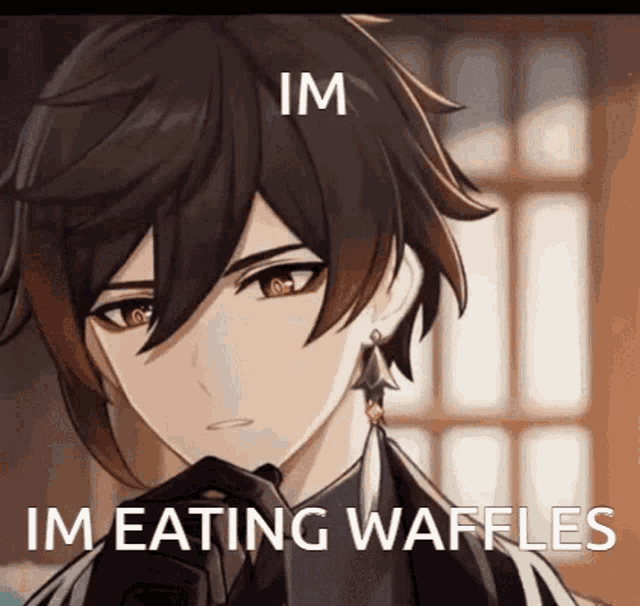 a picture of a anime character with the words im eating waffles