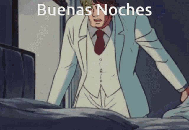 a man in a suit and tie is standing next to a bed with the words buenas noches written on the bottom